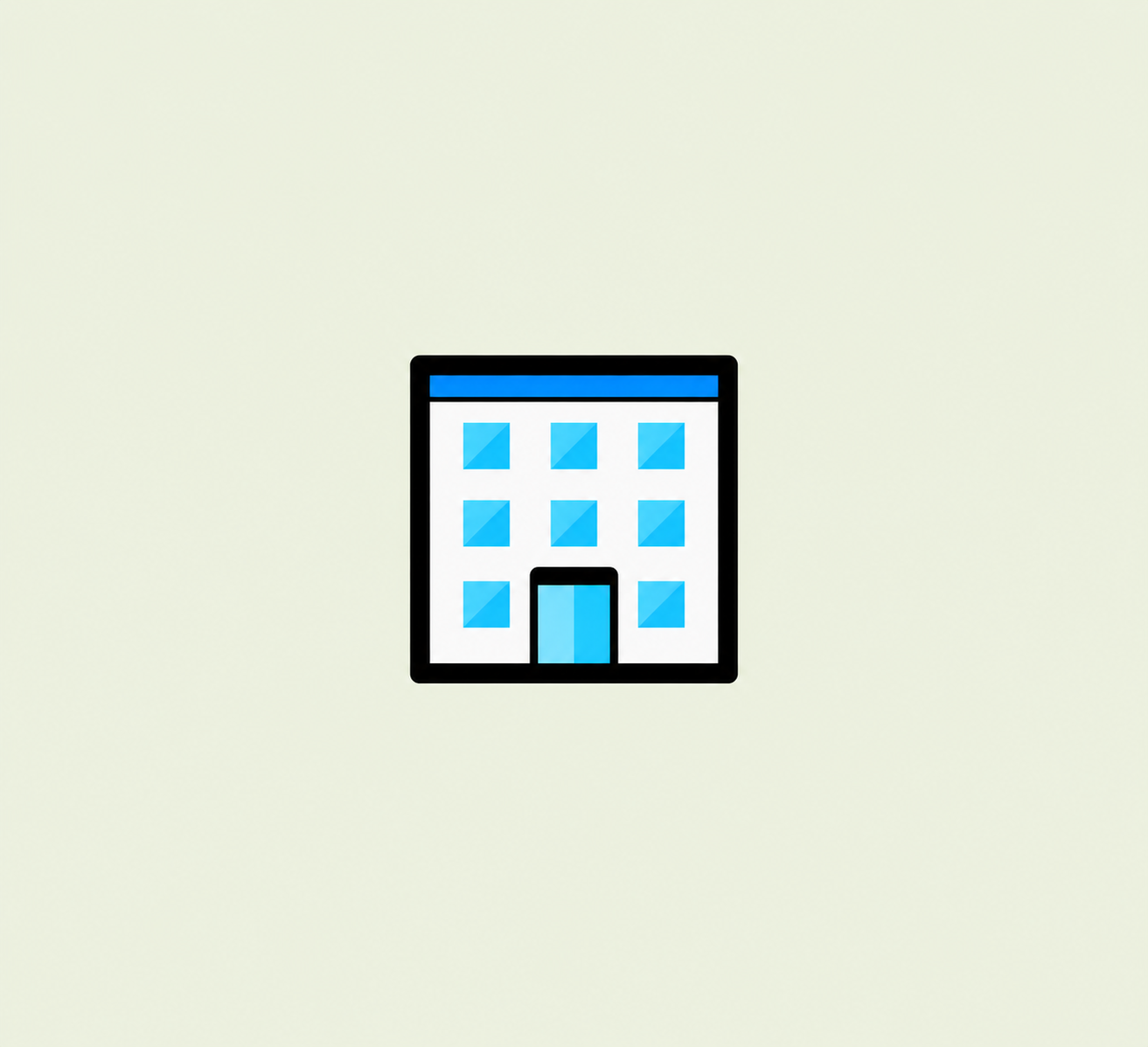 Illustration of a building with a rectangular shape, multiple blue windows, and a blue entrance, outlined in black.
