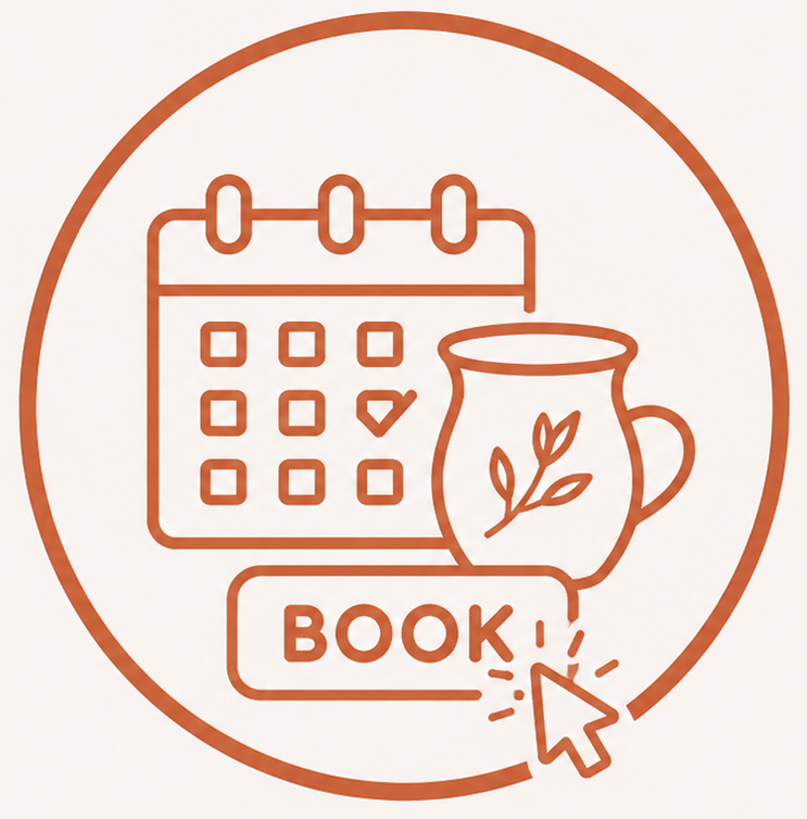 Illustration of a calendar with a checkmark, a mug with a leaf design, and the word 'BOOK' with a computer cursor icon, all enclosed in a circle.