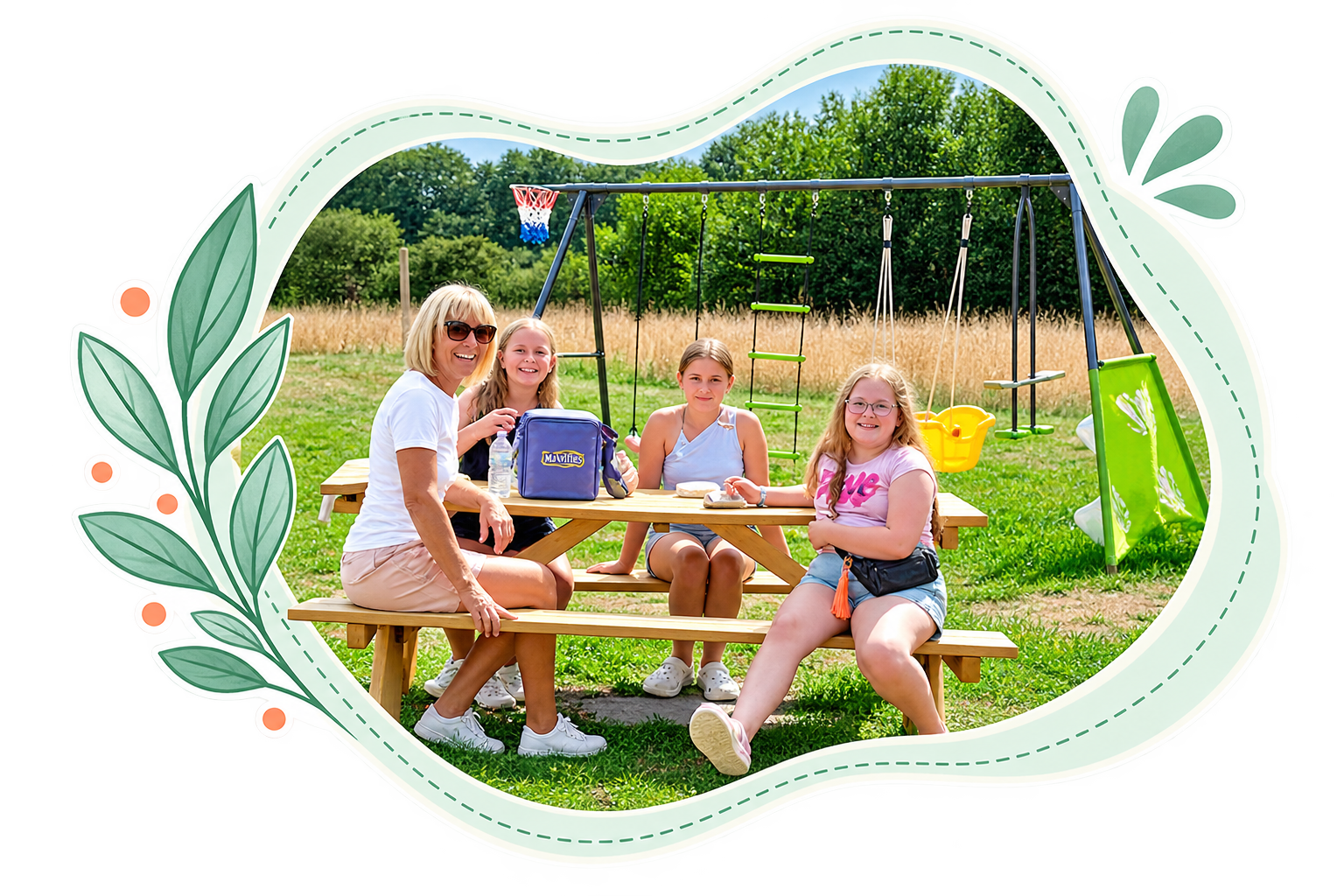 A group of four children and one adult sitting at a picnic table outdoors near a playground with swings and a slide, on a sunny day with green grass and trees in the background.