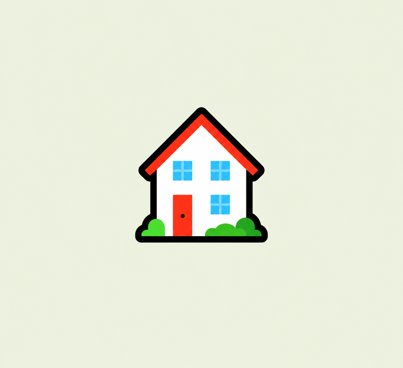 Simple illustration of a white house with a red roof, a red door, four blue windows, and green bushes at the base.