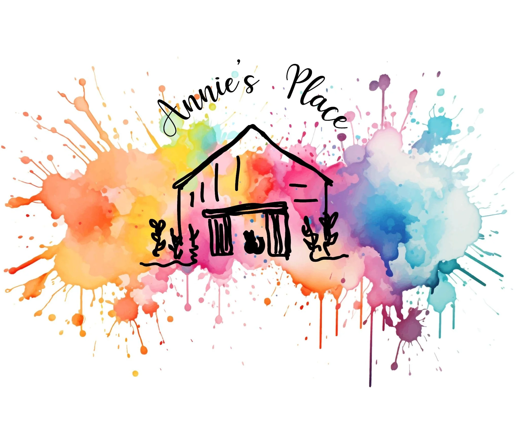 Colorful watercolor splash background with black line drawing of a house, the words "Annie's Place" written above in cursive.