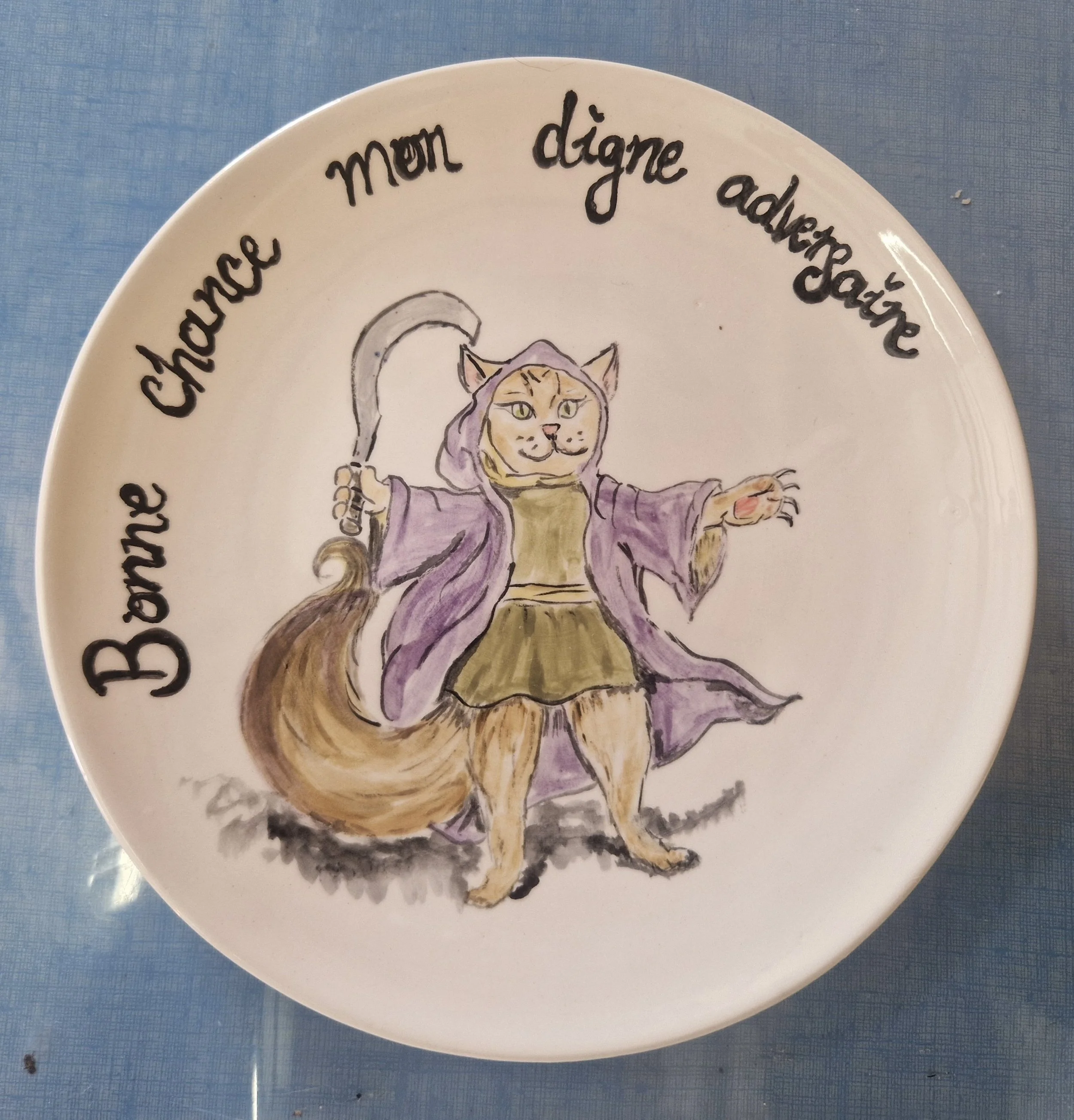 Decorative plate with hand-painted text reading 'Because your mom didn't ask for' and an illustration of a cat dressed as a wizard.