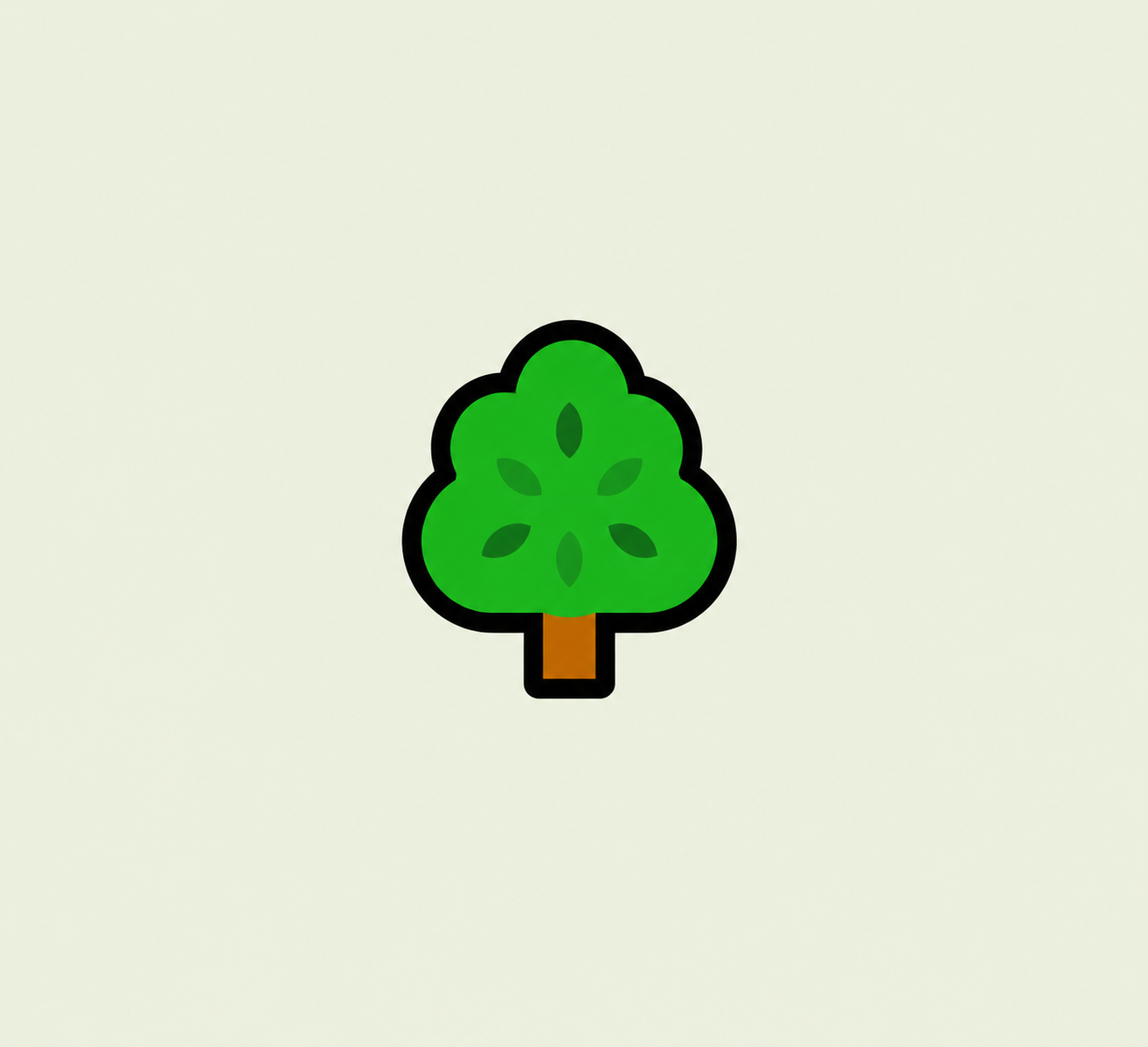 A cartoon-style green tree with a brown trunk and six leaf-like shapes in its foliage, outlined in black, on a light background.