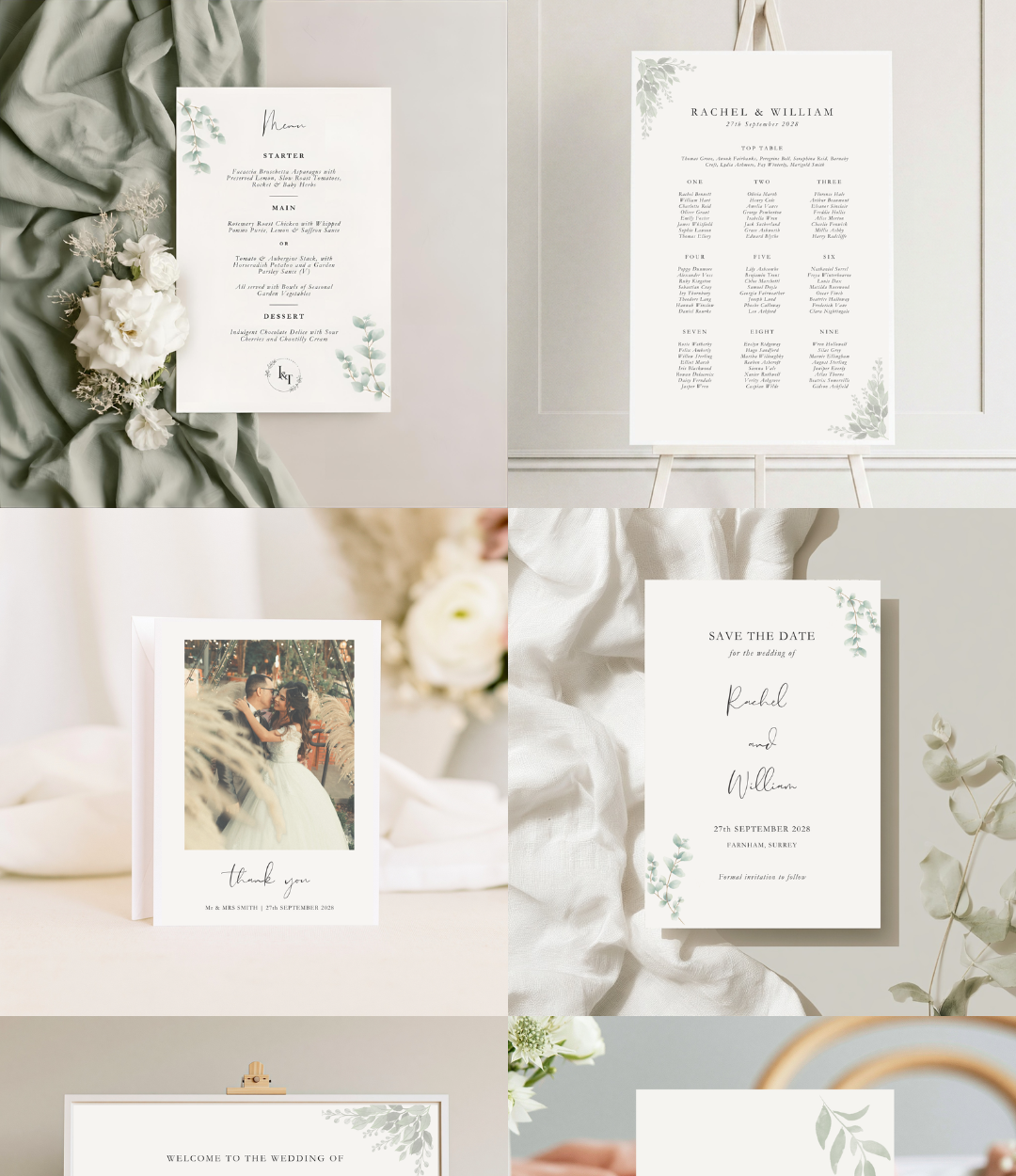 Collection of wedding stationery, including a menu, seating chart, save-the-date card, thank you card, and welcome sign, all with minimalistic design and eucalyptus accents, displayed on light-colored backgrounds with soft fabrics and flowers.