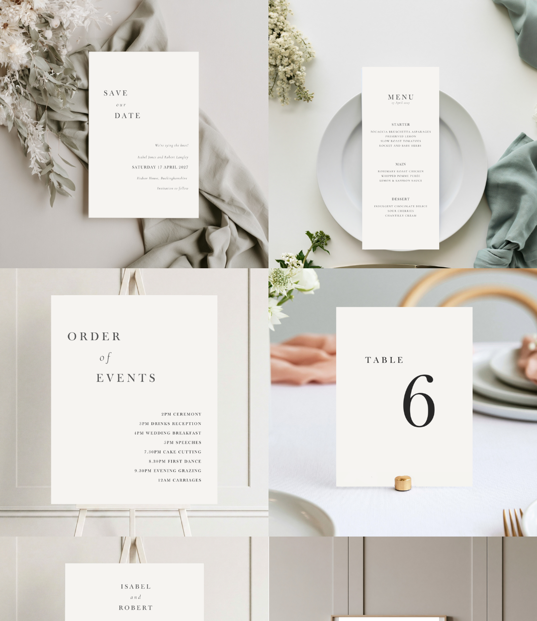 Wedding stationery set including a save-the-date card, a menu card on a plate, an order of events board, and a table number card, surrounded by flowers and table settings in soft neutral tones.