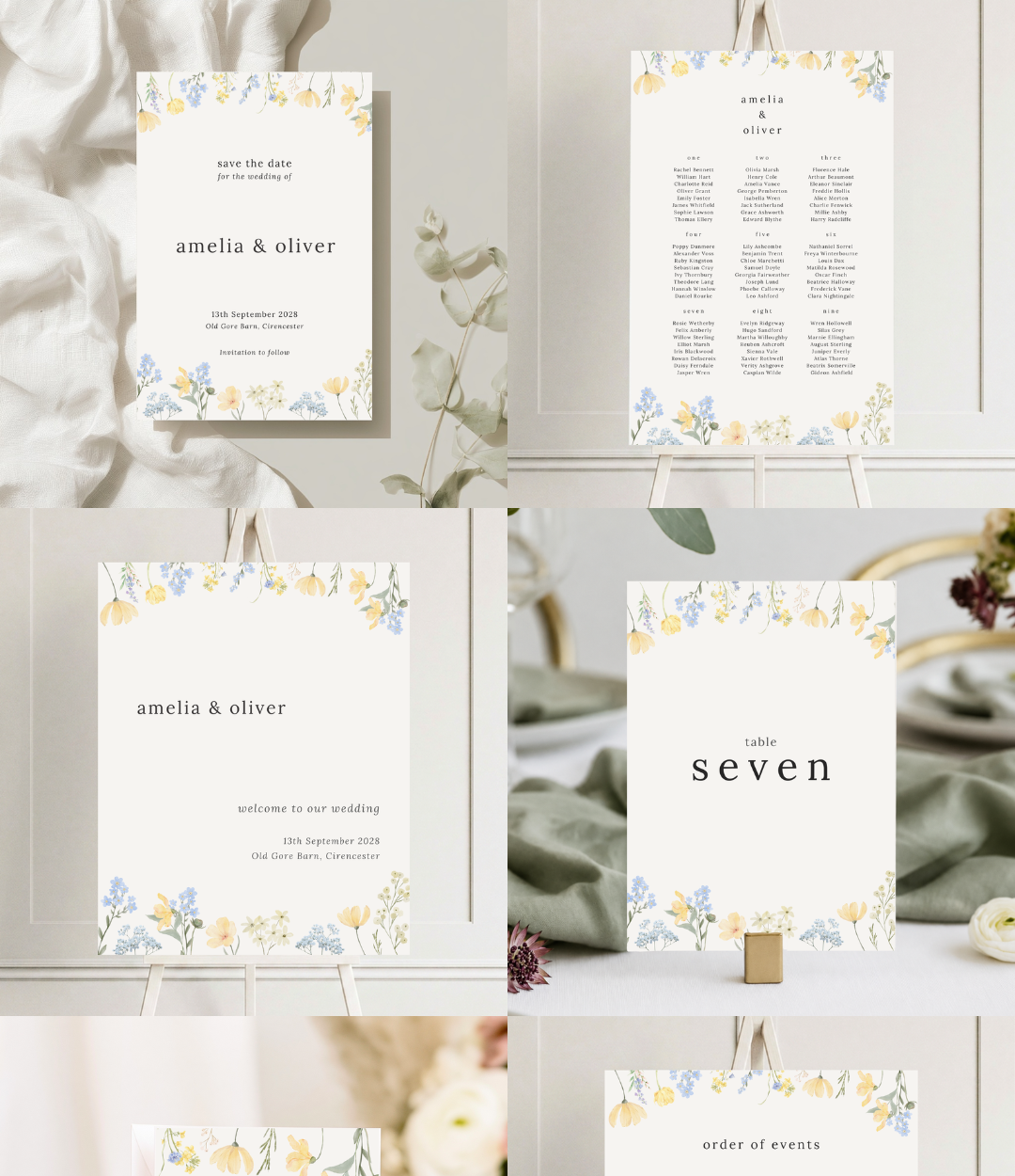 Set of wedding stationery including invitation, seating chart, welcome sign, table number, and event schedule decorated with pastel floral illustrations.