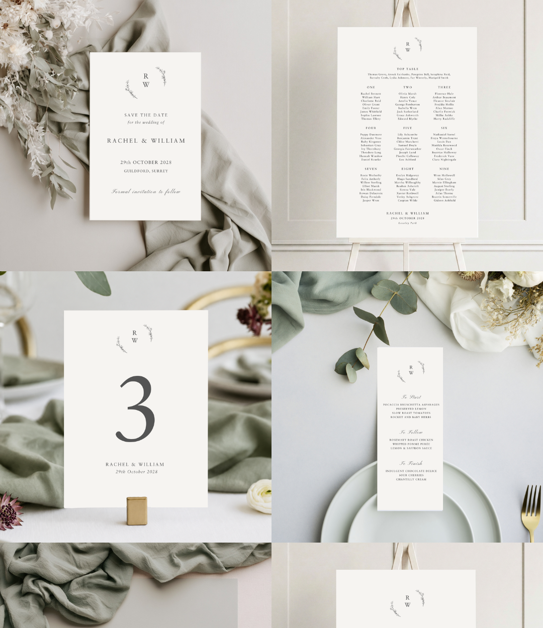Collection of wedding stationery items including a save-the-date card for Rachel and William with floral decor, a seating chart with multiple guest names, a table number card with the number 3, and a menu card, all arranged on elegant table settings with soft-colored linens and floral accents.