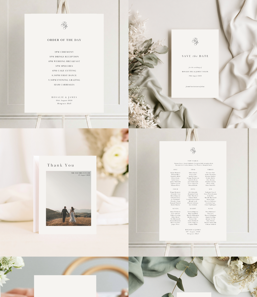 Wedding stationery including the order of the day, a save-the-date card, a thank you card with a couple walking in a field, and a table seating chart, all in elegant minimalist style with white backgrounds and floral accents.