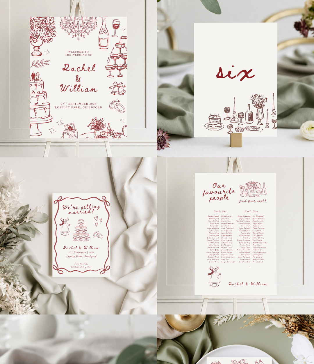 Wedding invitation suite with floral and drink-themed illustrations, including a wedding cake and champagne, in a minimalist line drawing style with burgundy accents.