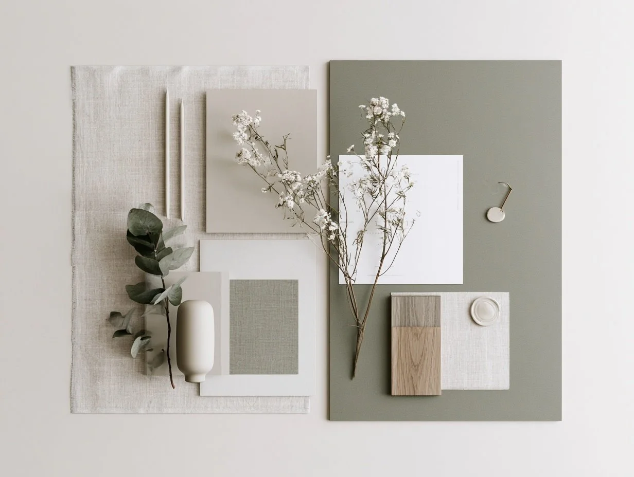 A flat lay of fabric, paint swatches, a branch with white flowers, and minimalistic decor in neutral and green tones.