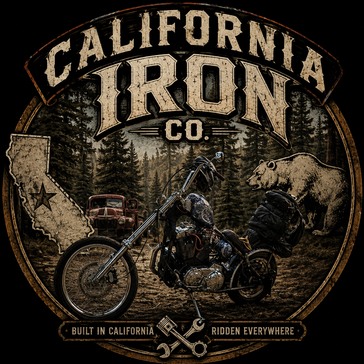 A vintage-style logo for California Iron Co., featuring a forest background with a motorcycle, an old truck, a bear, and a star-shaped outline of California. The text reads 'Built in California, Ridden Everywhere' with crossed wrenches and a piston.