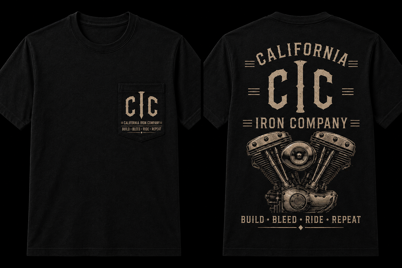A black T-shirt with beige graphics. The front has a small chest pocket with the initials 'CIC' and the words 'California Iron Company', 'Build', 'Bleed', 'Ride', 'Repeat'. The back features a large graphic of a V-twin motorcycle engine, with the text 'California Iron Company' and the slogan 'Build Bleed Ride Repeat'.