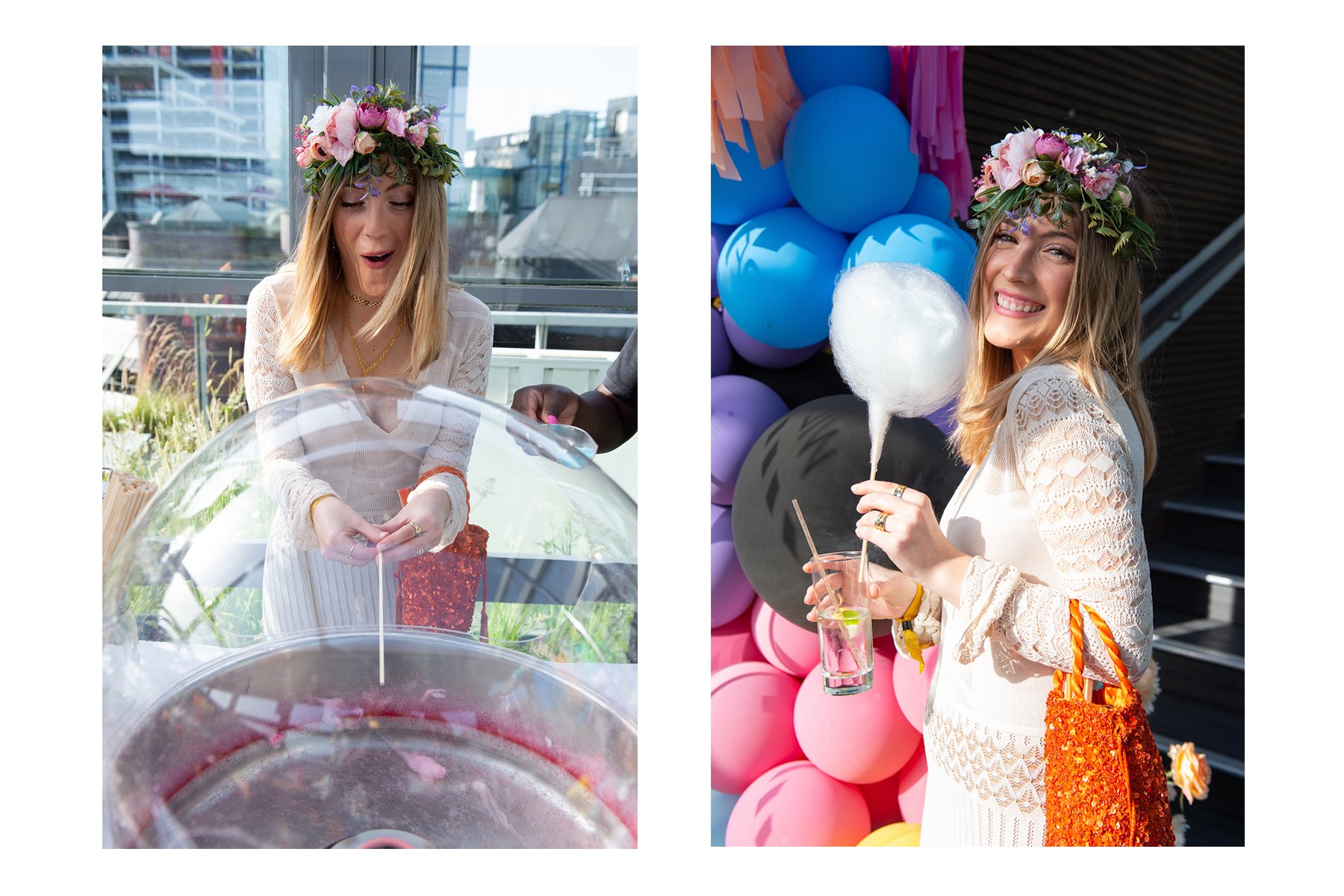 A young woman with a flower crown smiling and holding a cotton candy at a celebration with colorful balloons in the background.