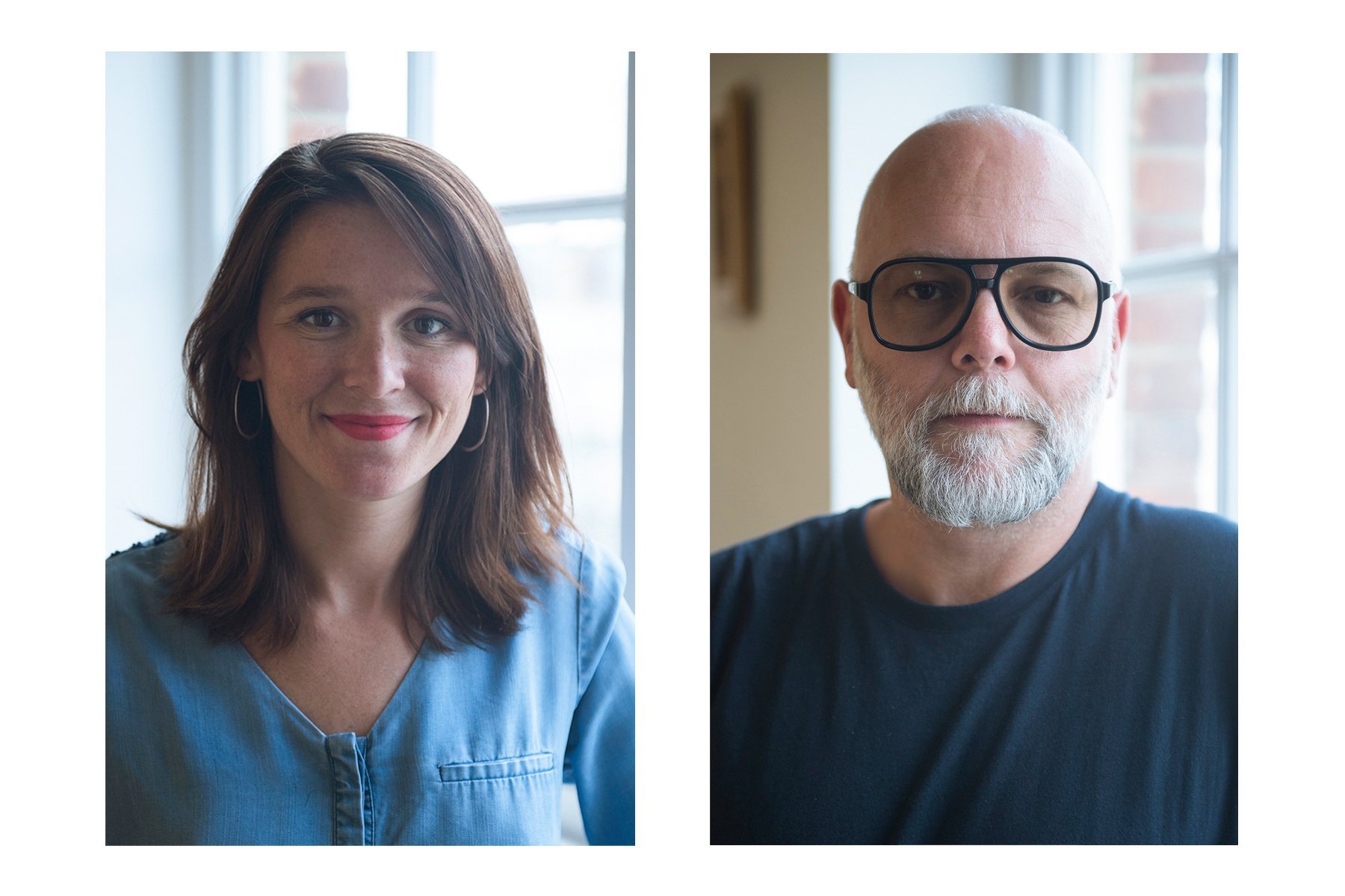 Side-by-side portrait photos of a woman with brown hair and a man with a beard and glasses, both indoors near a window.