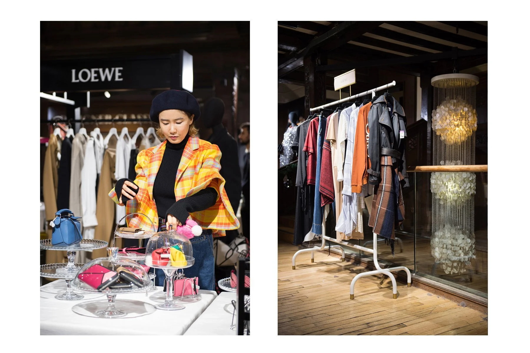 Two sections of a clothing store at a Loewe boutique. The left shows a woman browsing accessories like handbags, with a display of colorful small purses and a blue handbag on a table. The right shows a clothing rack filled with various garments inclu