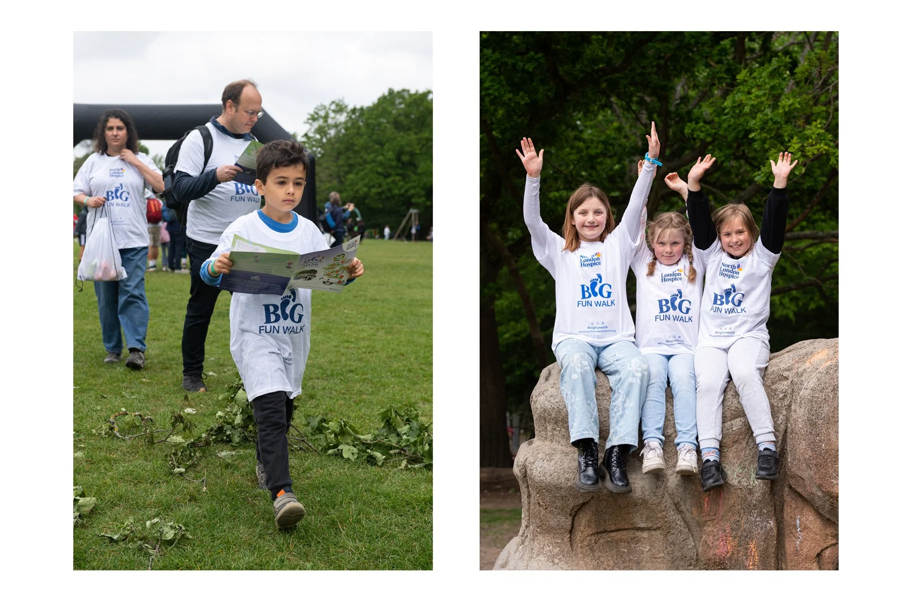 Group of children and adults participating in a charity walk, wearing matching 'Big Fun Walk' T-shirts, outdoors in a park setting.