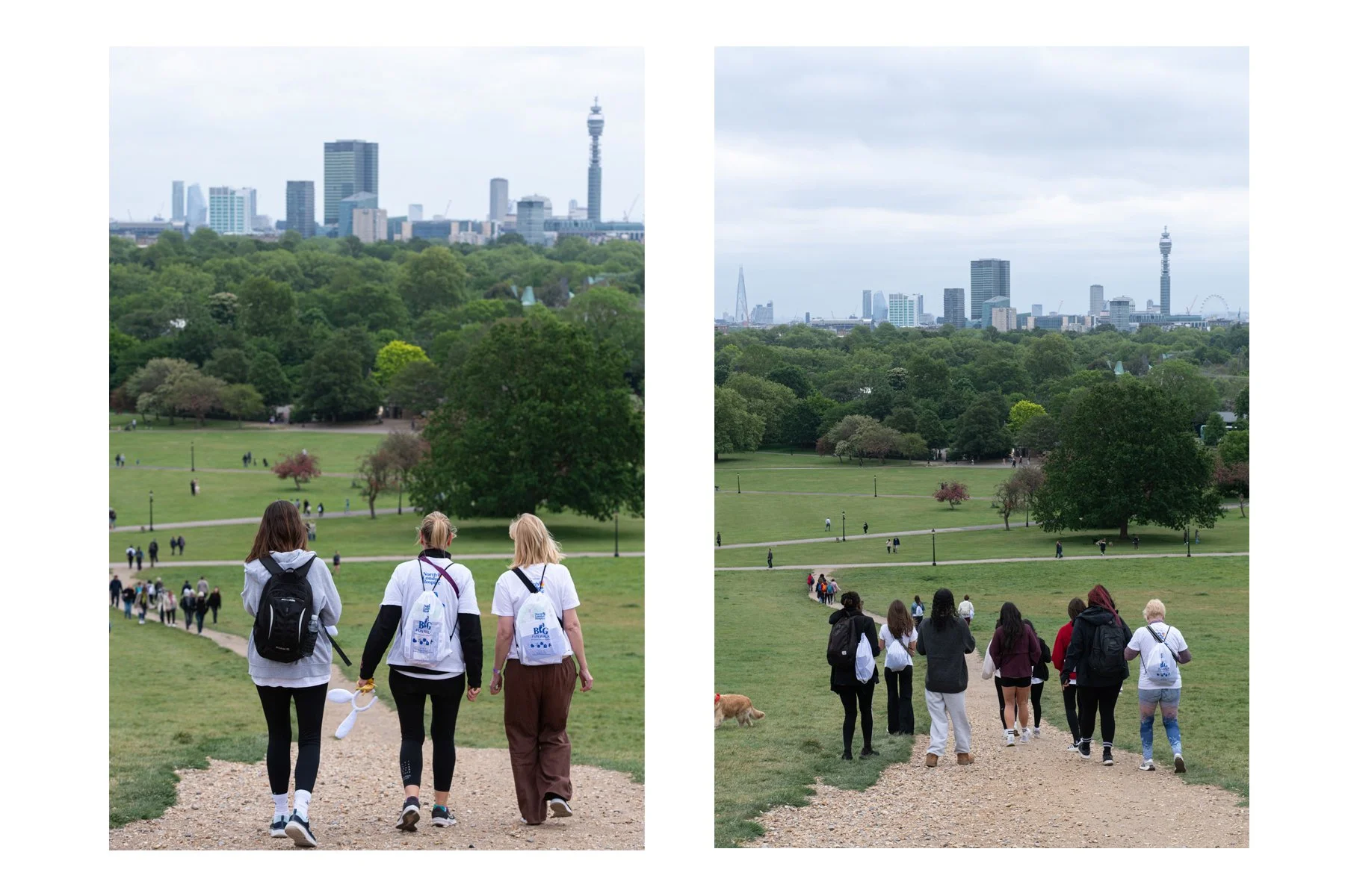 Two outdoor scenes showing people walking down a park path towards a city skyline with tall buildings and a tower in the background. The left scene features three women with backpacks, while the right scene shows a larger group of people from behind.