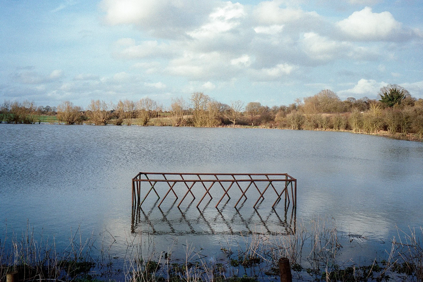 A lake with calm water, surrounded by leafless trees and bushes on a cloudy day. In the foreground, there is a partially submerged and rusty metal structure