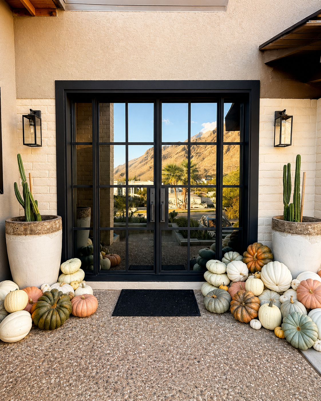 Front door with black metal grid frame, surrounded by pumpkins and cacti in large pots, with mountain and palm tree view in the background.