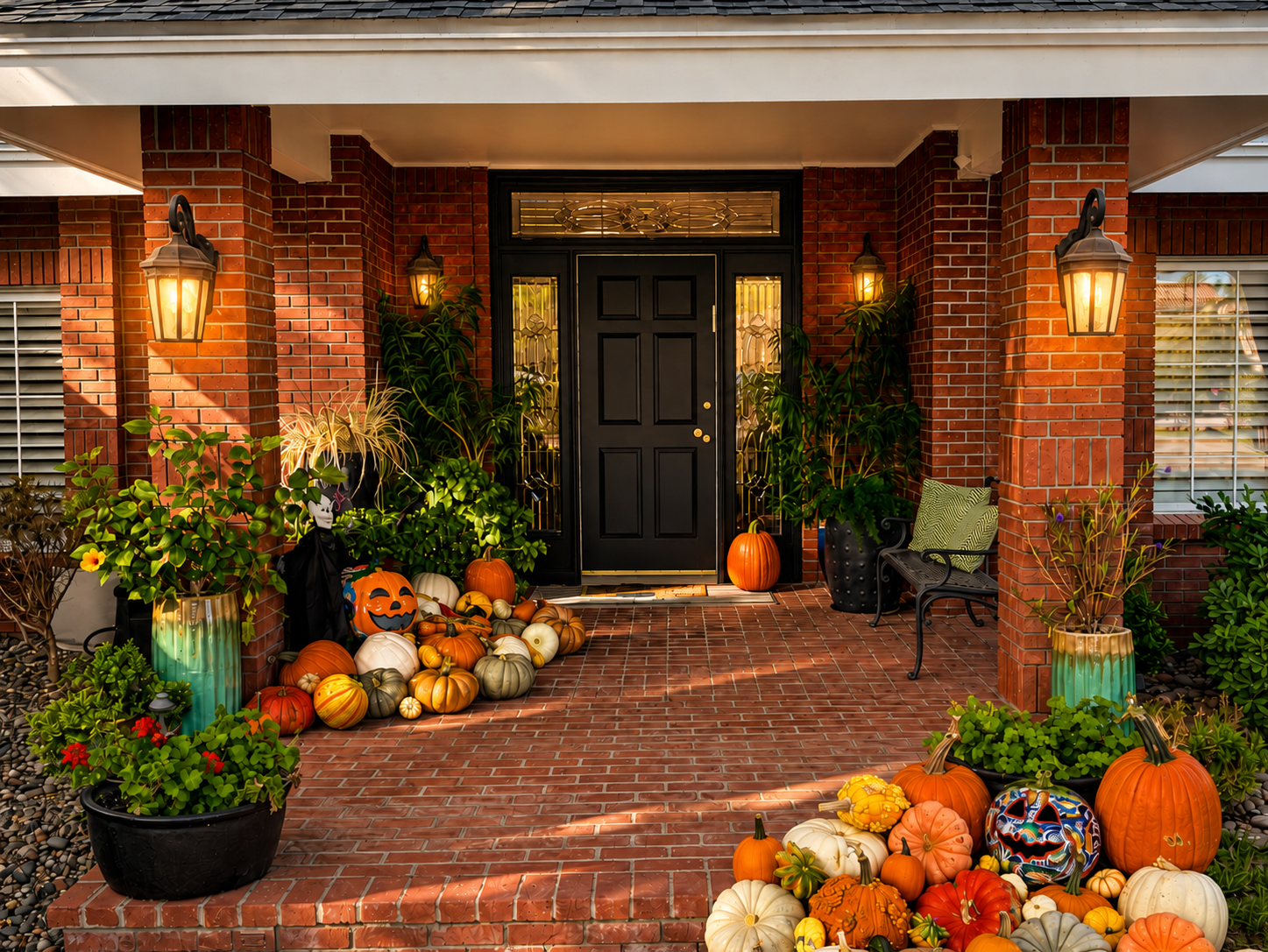 Front porch decorated for Halloween with pumpkins, gourds, and plants on brick steps and walls, black door, and wall lanterns.