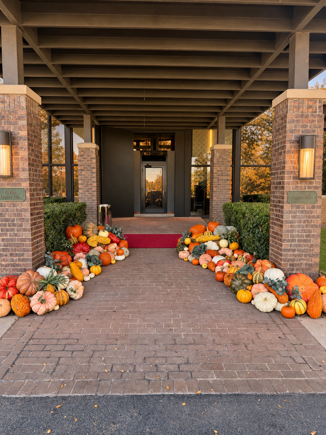 Entrance to a building decorated with pumpkins, gourds, and autumn foliage along both sides of the walkway leading to the door, with a red carpet and brick pavers.