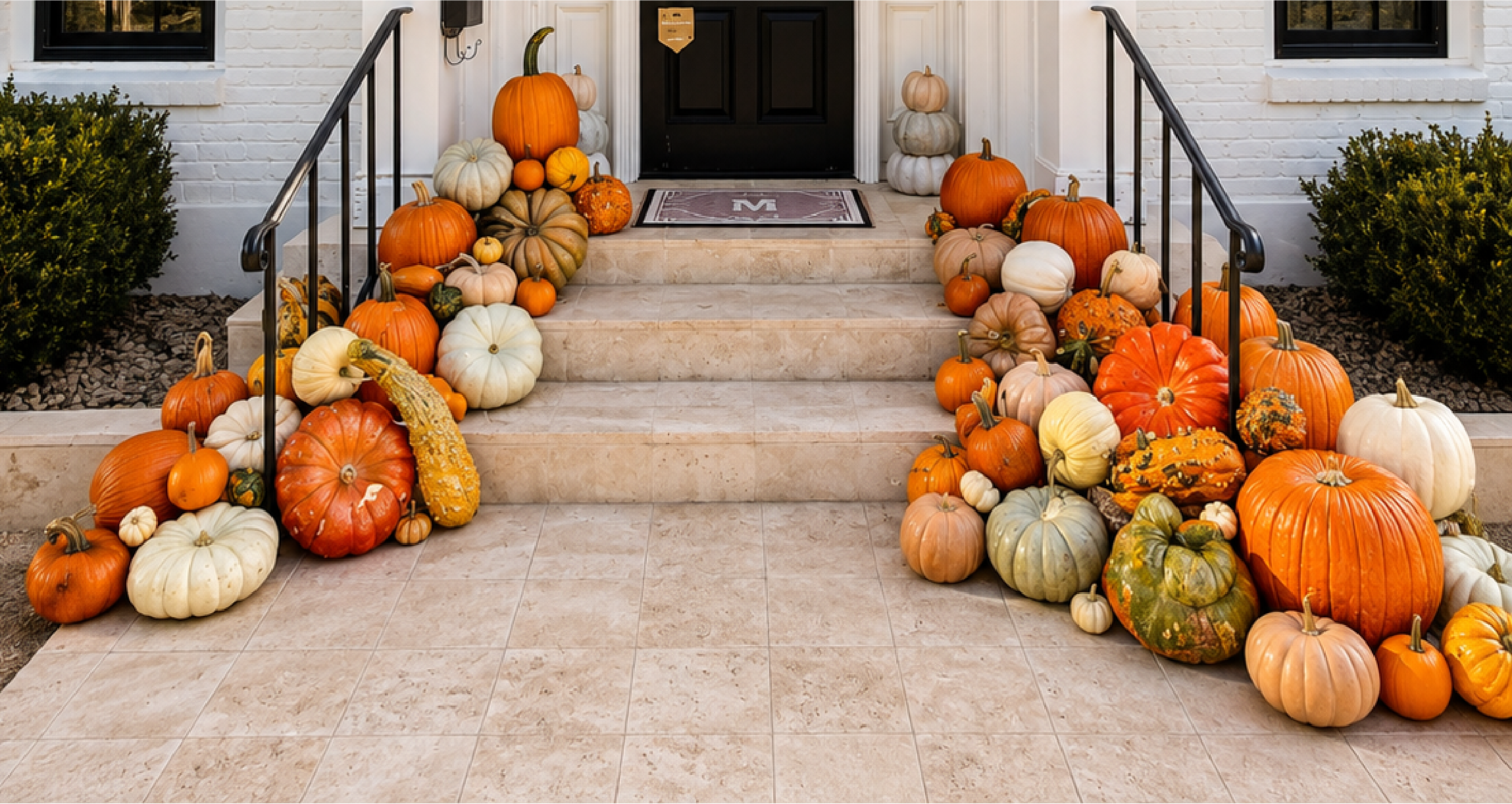 Front porch decorated with pumpkins of various sizes and colors, including orange, white, green, and beige, arranged along the steps and sides, with bushes on both sides of the staircase, a black door, and a white brick house in the background.