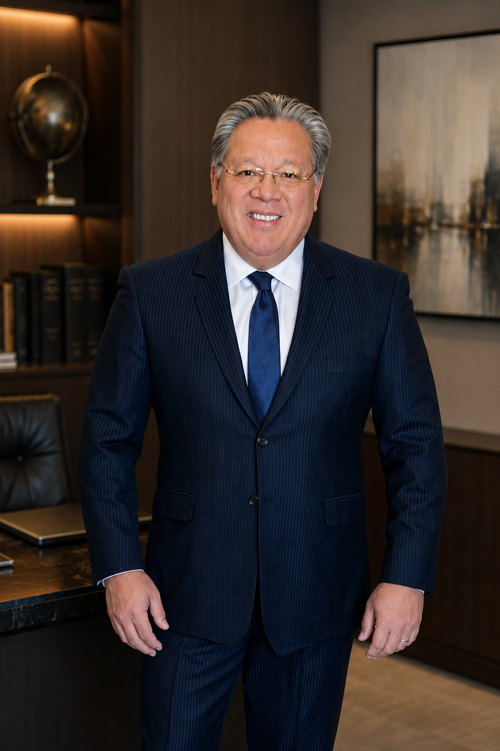 A professionally dressed man in a dark pinstripe suit with a blue tie, smiling in an office setting.