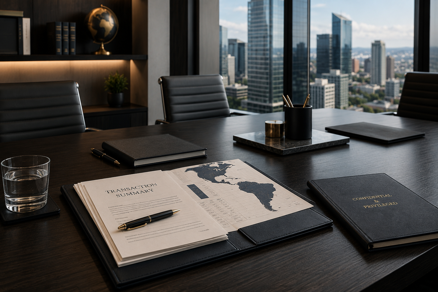 Conference room/transaction documents:
    Conference room with transaction documents representing cross-border legal and business matters.