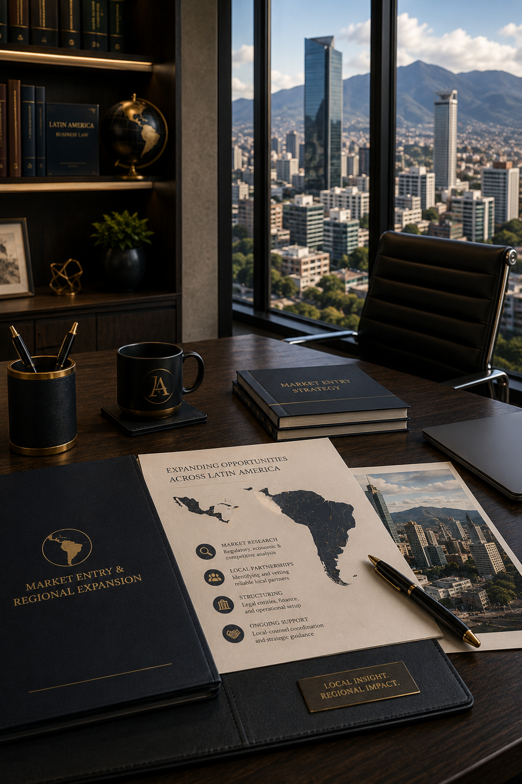Office desk with business documents, a black coffee mug, pens, a laptop, and a window view of a city skyline with skyscrapers and mountains in the background.