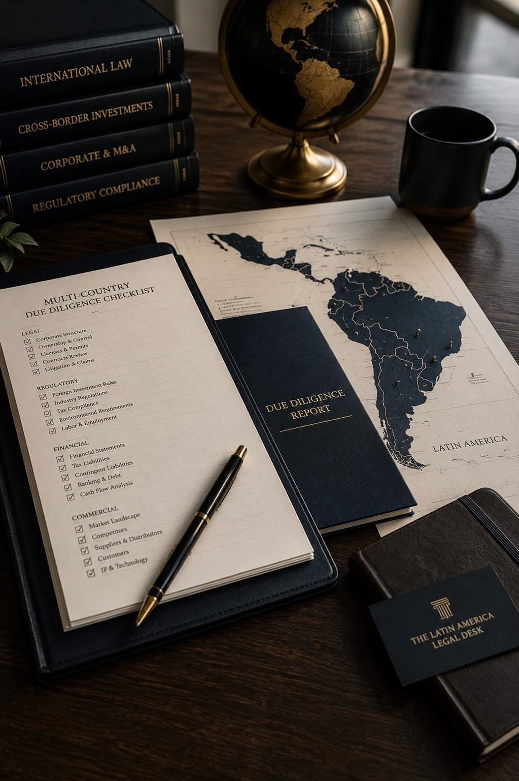 Map/documents + legal books: Latin America map and legal materials representing cross-border transactions, investment and regulatory matters.