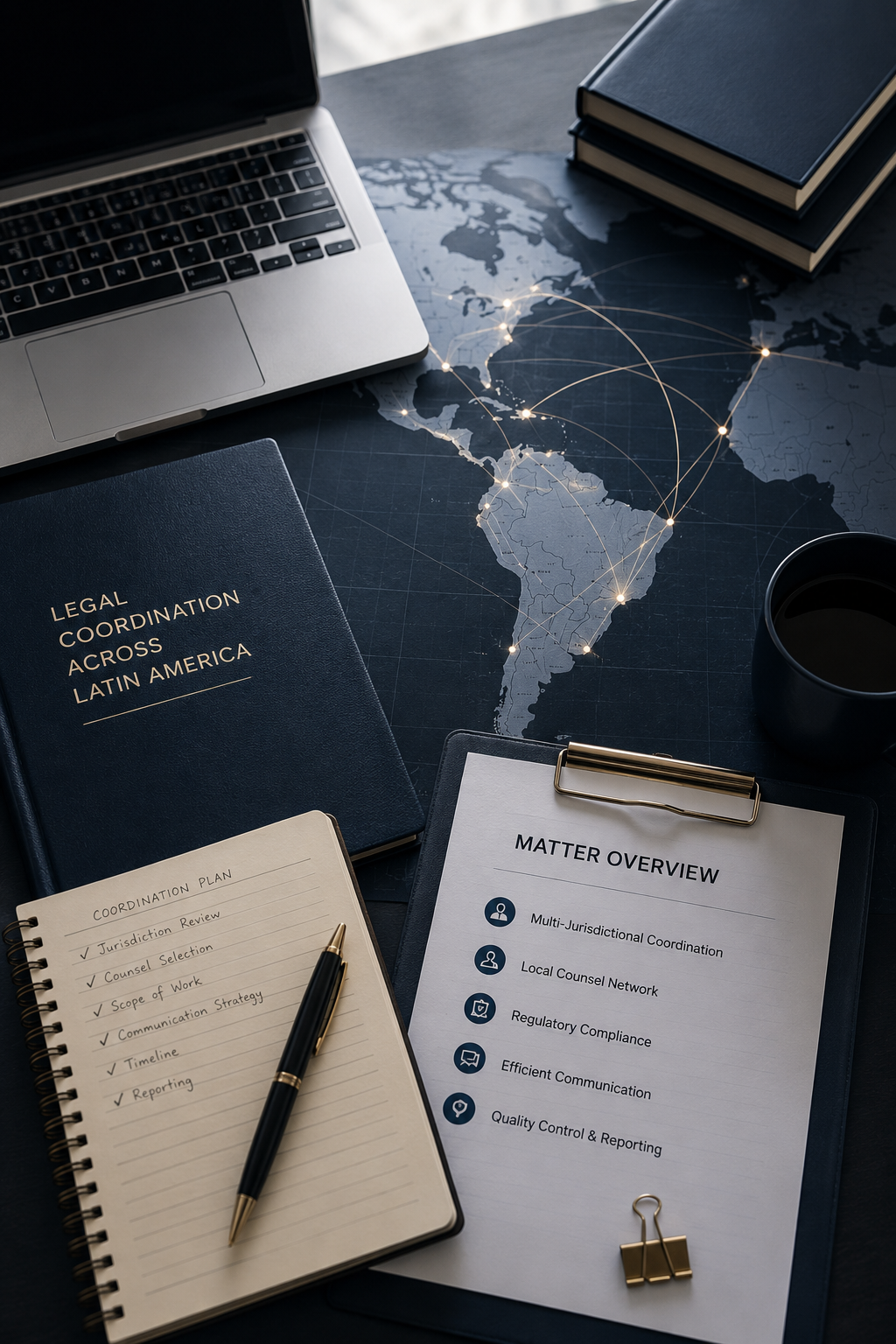 Legal coordination documents: Legal coordination materials and Latin America map representing multi-jurisdictional matter management.
