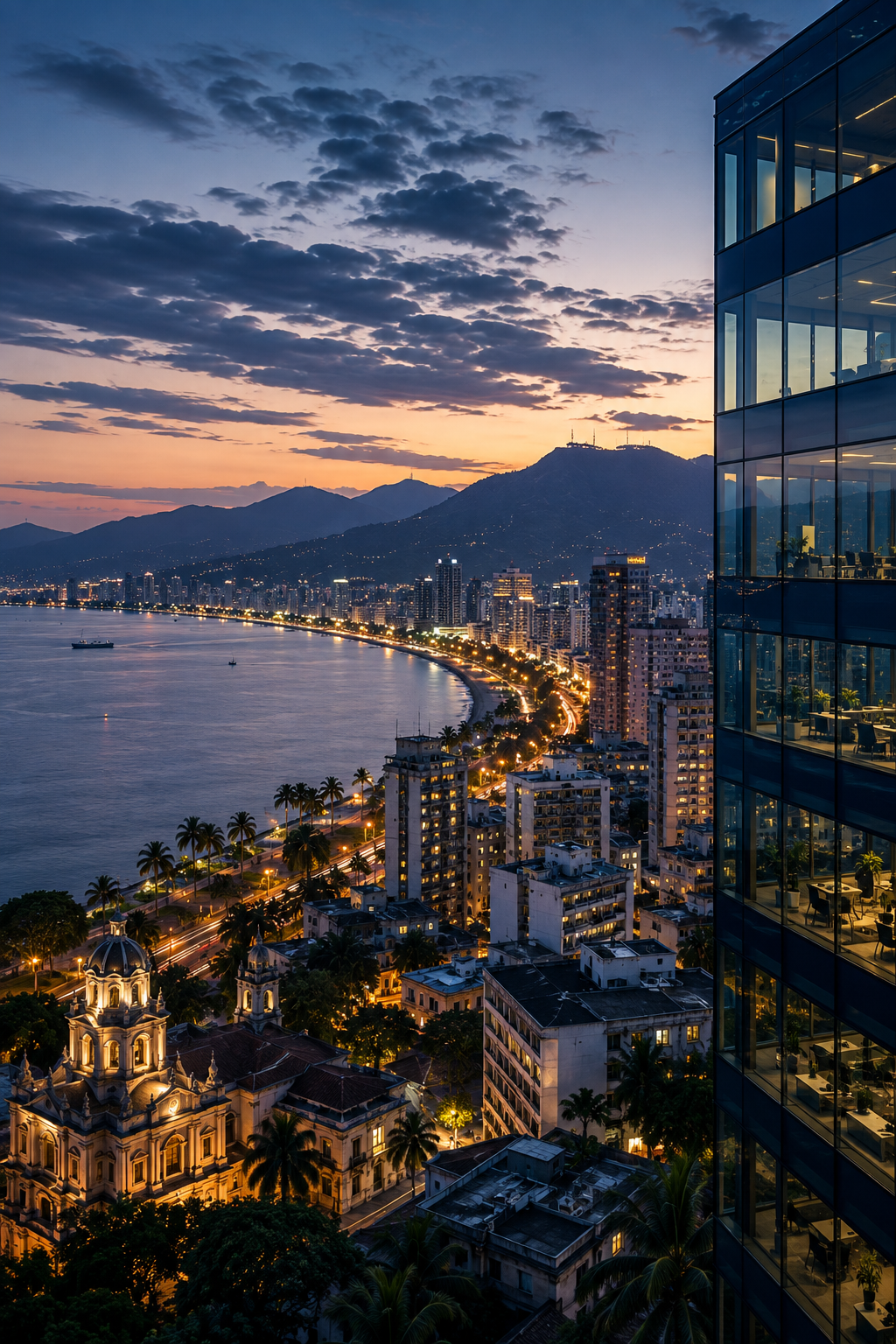 Latin American city at dusk: Latin American business center at dusk representing regional market presence and cross-border activity.
