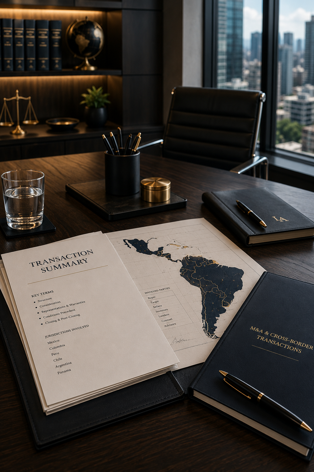 Business meeting room with a table, documents including a transaction summary and a map of Latin America, black folders, a pen, a glass of water, and modern city skyline view through the window.