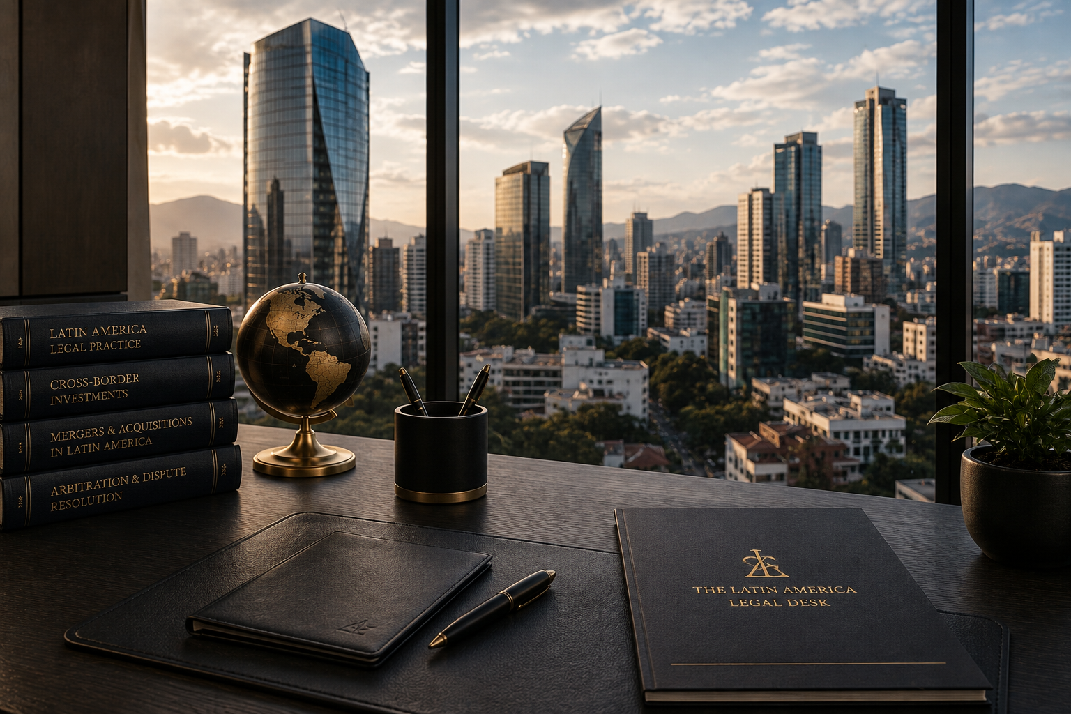 Office skyline/globe image:
    Latin America business setting representing regional legal coordination and cross-border matters.