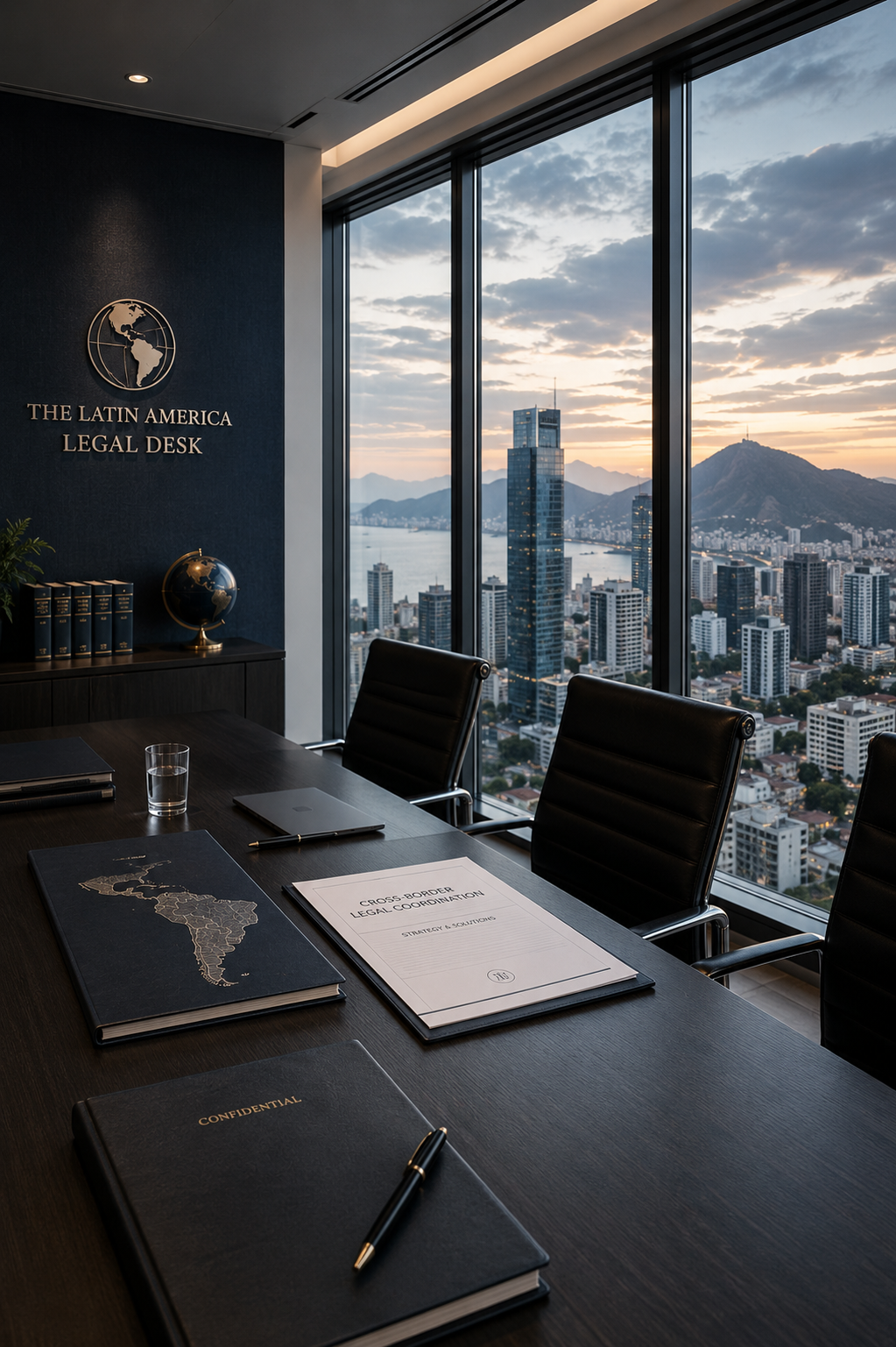 A meeting room with a dark wooden table, black chairs, and a large window showing a cityscape with tall buildings, mountains, and a body of water at sunset. On the wall, there is a sign reading 'The Latin America Legal Desk' with a globe logo, a globe, and a shelf with black binders.