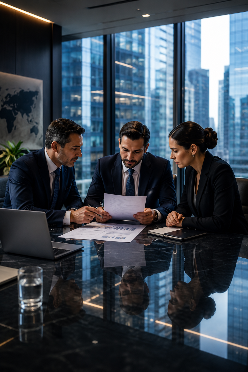 Professionals reviewing documents: Business professionals reviewing documents during a cross-border transaction meeting.