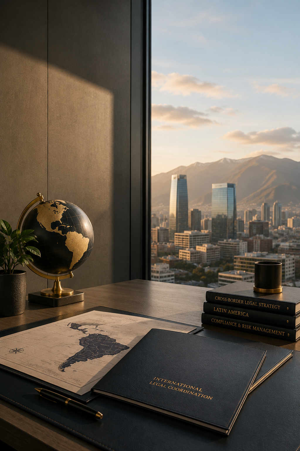 Hero office/globe image:
    Executive office overlooking a Latin American city with globe and cross-border legal materials.