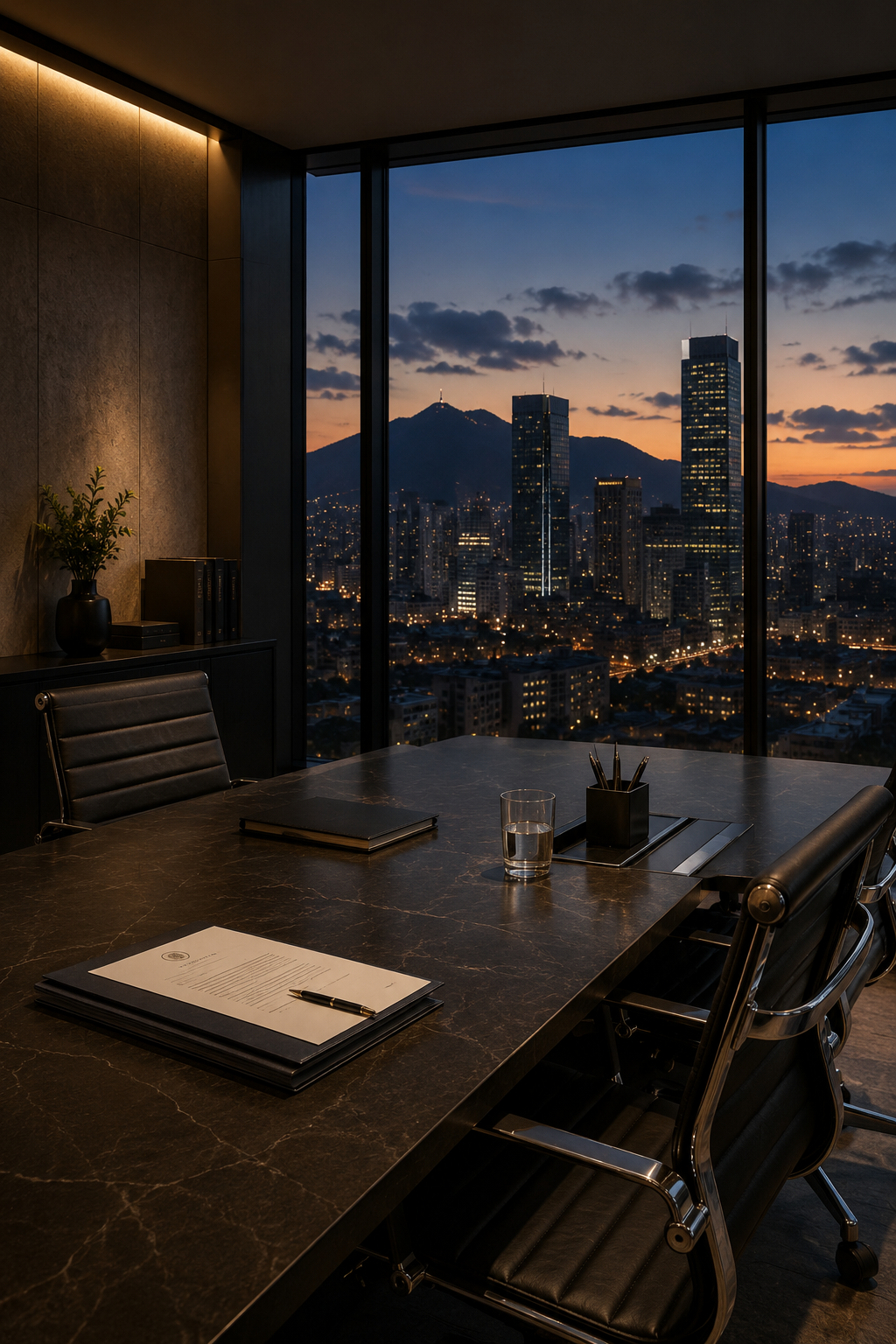 Conference room at sunset: Executive conference room representing confidential cross-border legal and business discussions.
