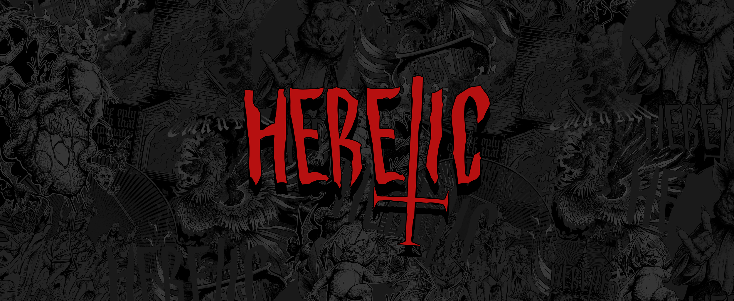 Dark graphic design with the word 'Heredity' written in red gothic font, surrounded by various illustrated demonic, mythical, and horror-themed elements such as monsters, skulls, and supernatural figures.