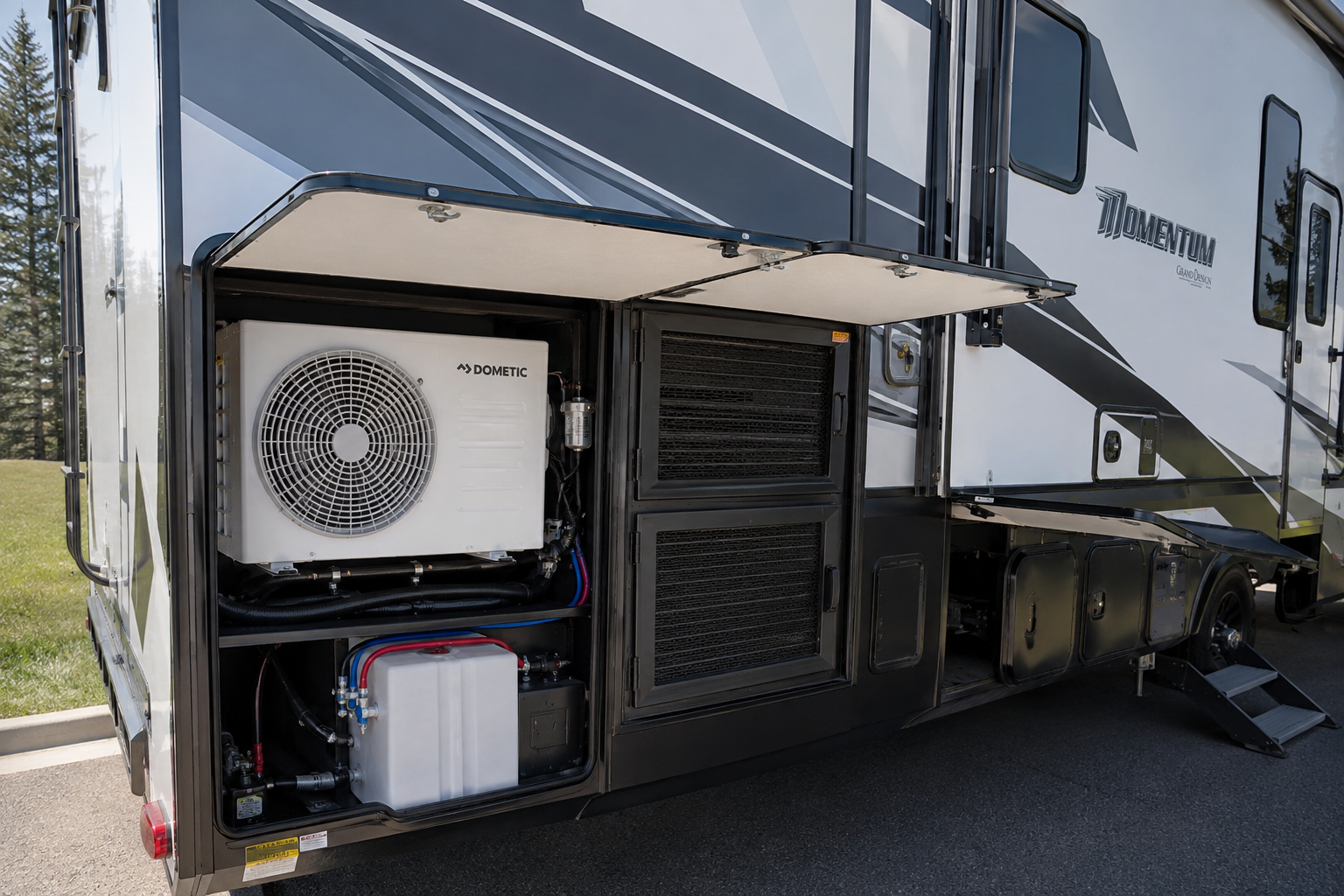 Close-up of the side of a recreational vehicle showing its external HVAC system and electrical components.