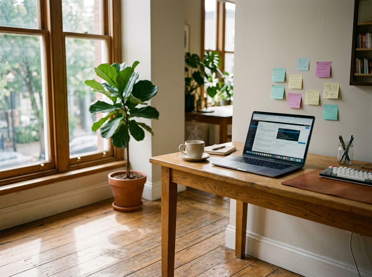 A wooden desk with a steaming coffee cup, a closed notebook, and an open laptop displaying an email inbox, positioned near a large window in a bright room with wooden floors and a potted plant, with colorful sticky notes on the wall.