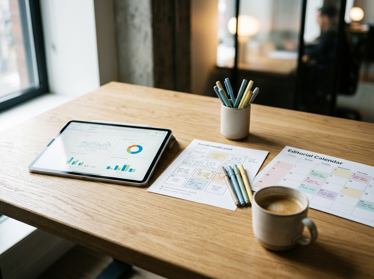 Hughes Marketing & Business Solutions Content Retainer — professional workspace with laptop displaying growth chart
