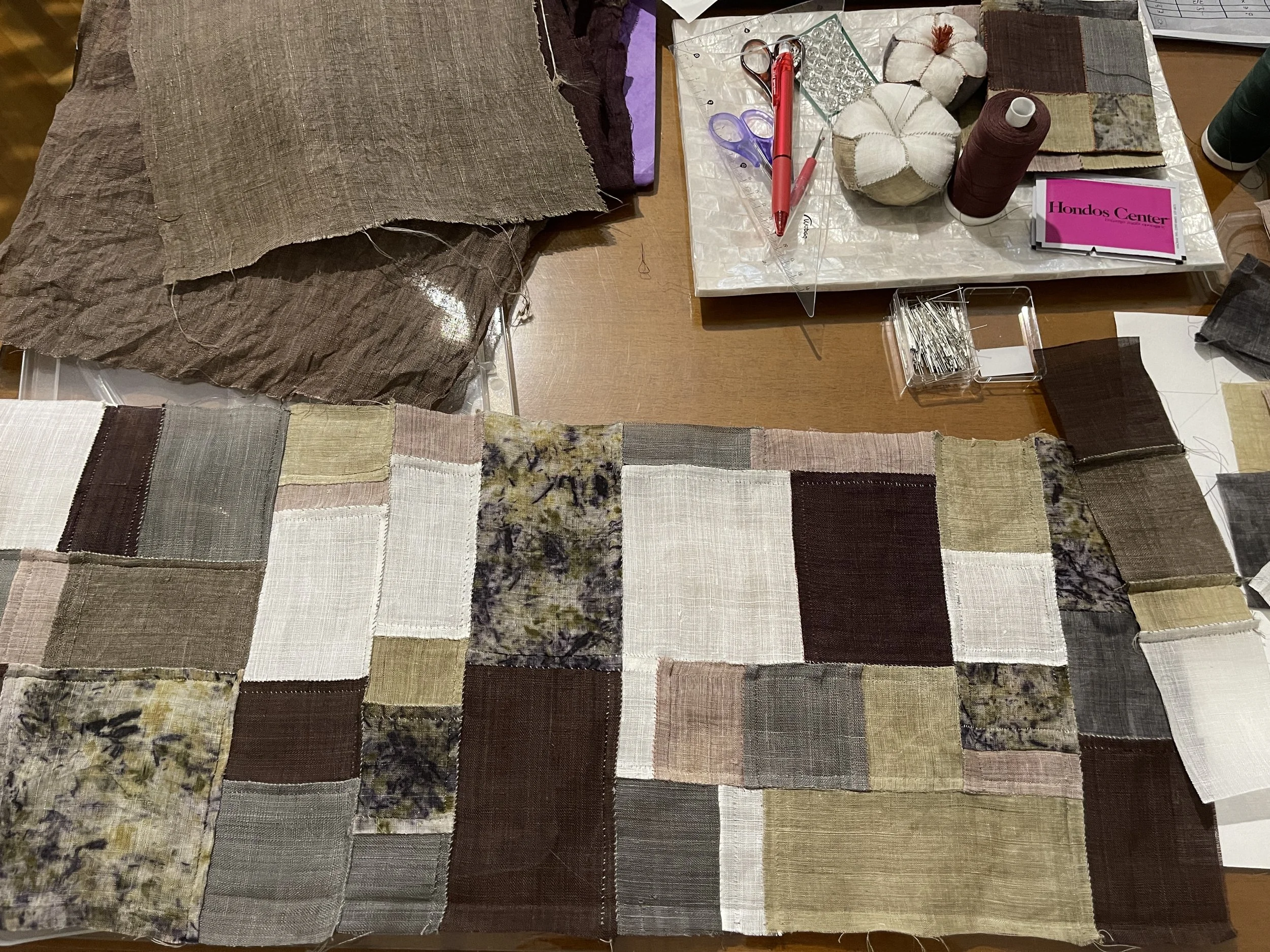 Hand-sewn Jogakbo patchwork created during a modern Hanbok sewing class for refugee women in Athens.