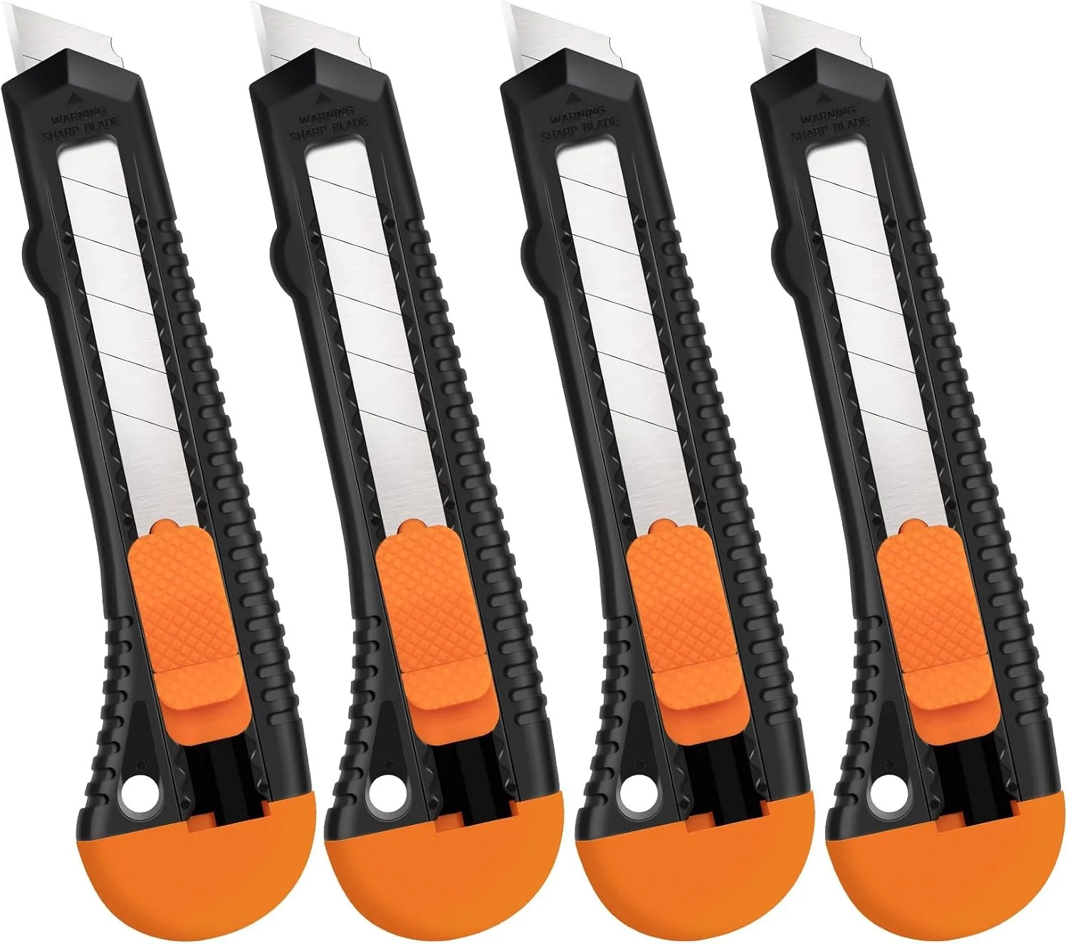 Four utility knives with black handles and orange safety covers arranged in a row.