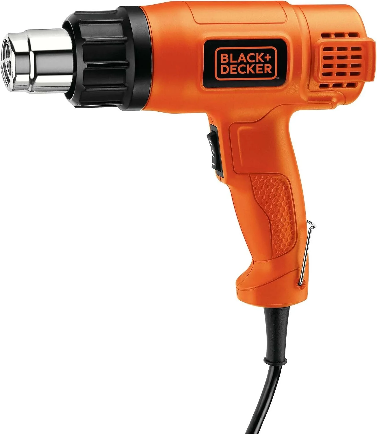 Close-up of an orange Black & Decker electric heat gun with black accents, a control switch, and a power cord.