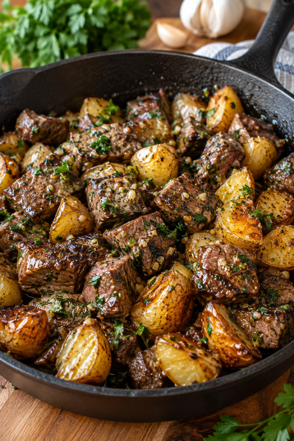 Garlic Butter Steak Bites and Potatoes