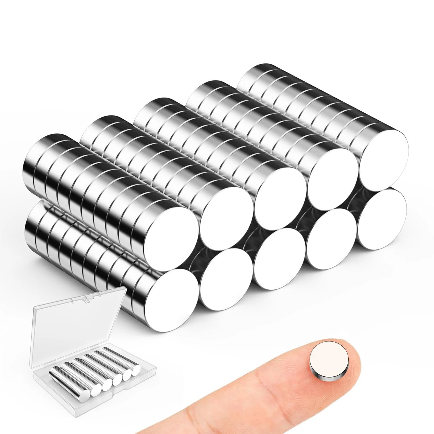 A collection of small, shiny, silver, cylindrical batteries, with a human finger pressing a button on one of them.