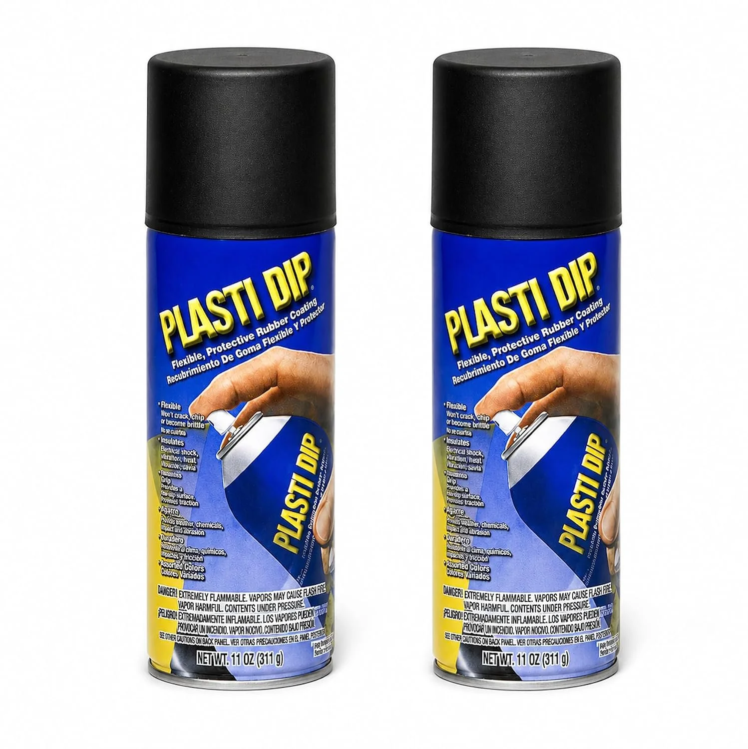 Two cans of Plast Dip rubber coating spray with blue labels and black caps, featuring an image of a hand spraying the coating.