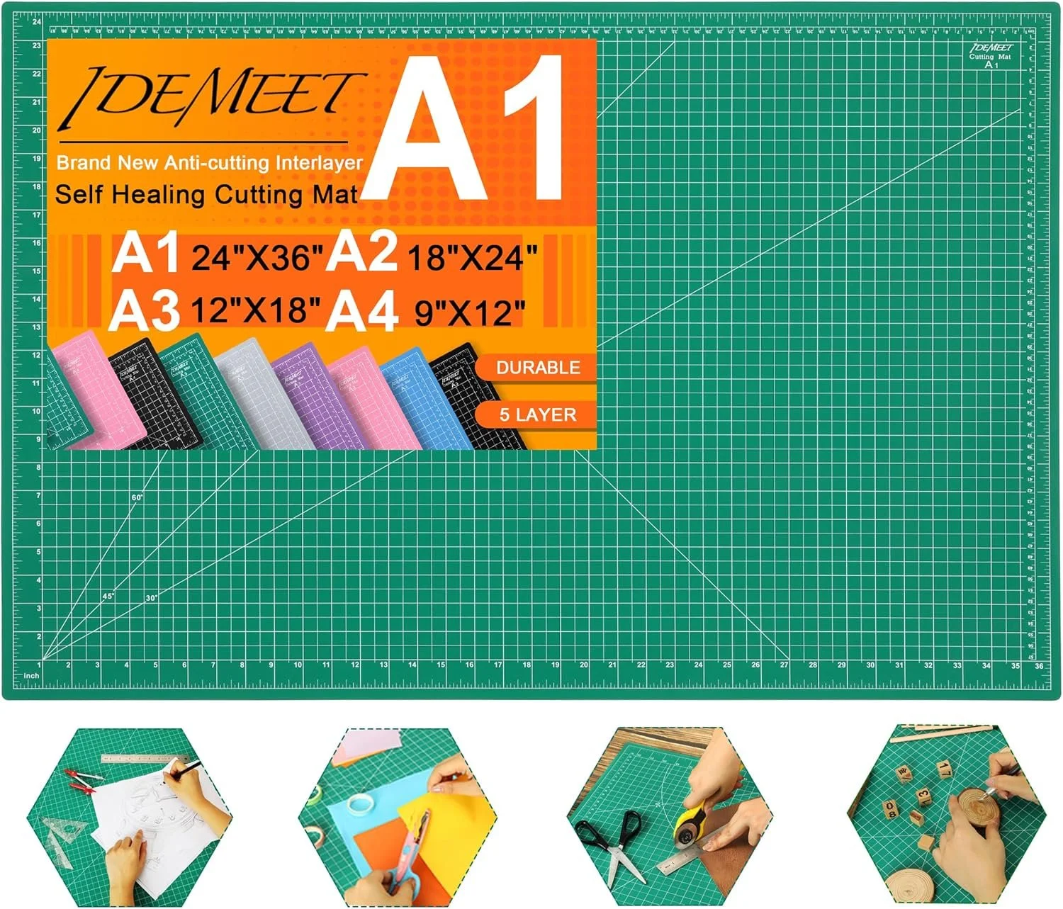 A set of self-healing cutting mats in various sizes and colors, with the label indicating sizes from 9x12 inches to 24x36 inches, designed for craft and sewing projects.