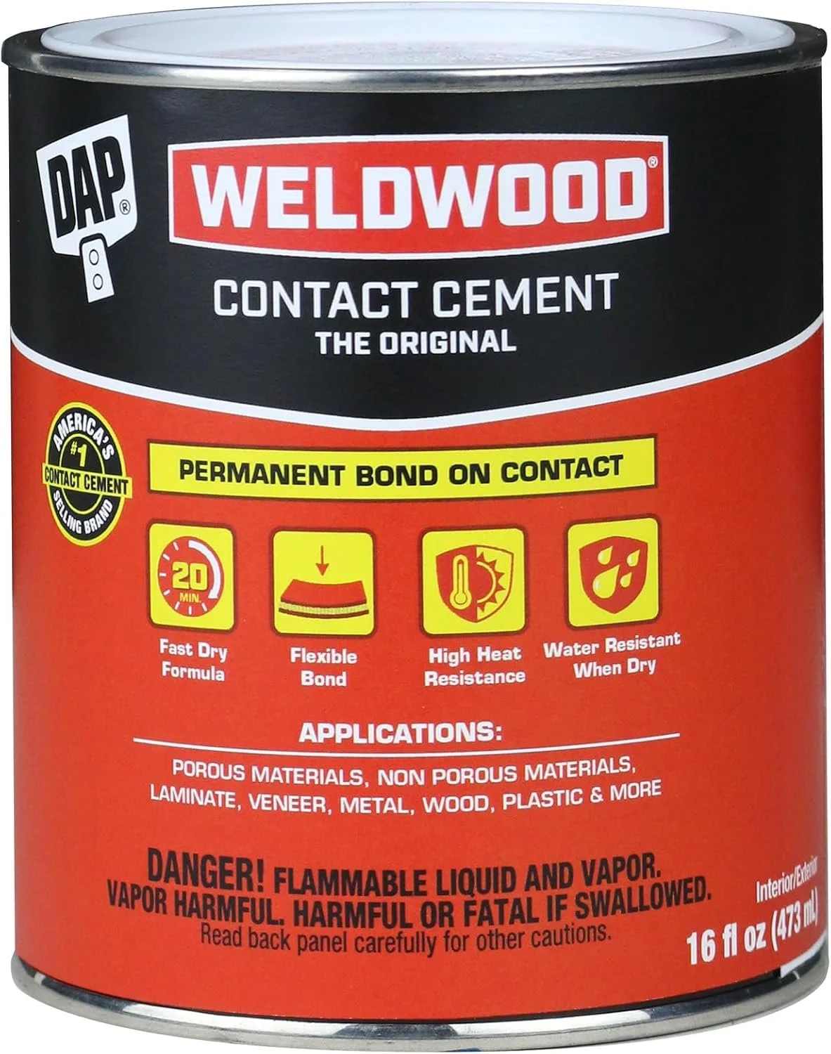 A can of Weldwood contact cement with a black, red, and yellow label, indicating it is for permanent bonding on contact with waterproof and heat-resistant properties, with application instructions, warnings about flammability, and a 16-ounce size.